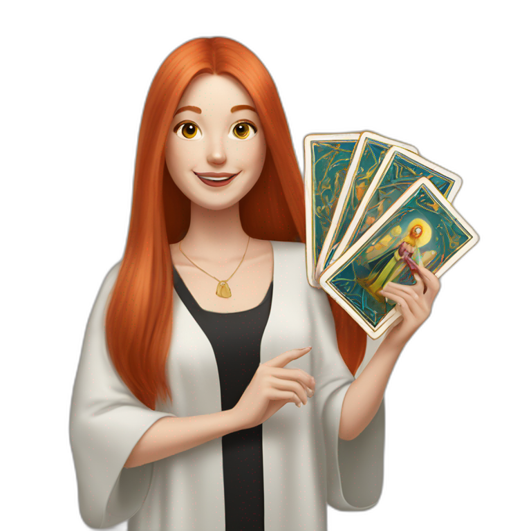 redhead white woman medium long straight hair, celebrating graduation with tarot cards emoji