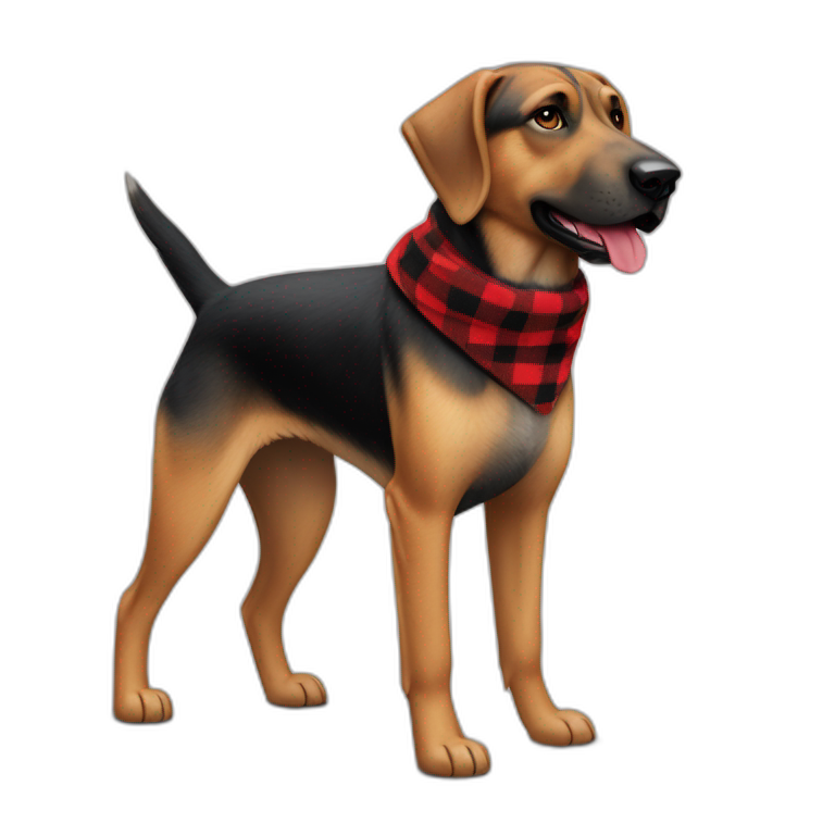 adult 75% Coonhound 25% German Shepherd mix dog with visible tail wearing small pointed red buffalo plaid bandana full body walking left emoji