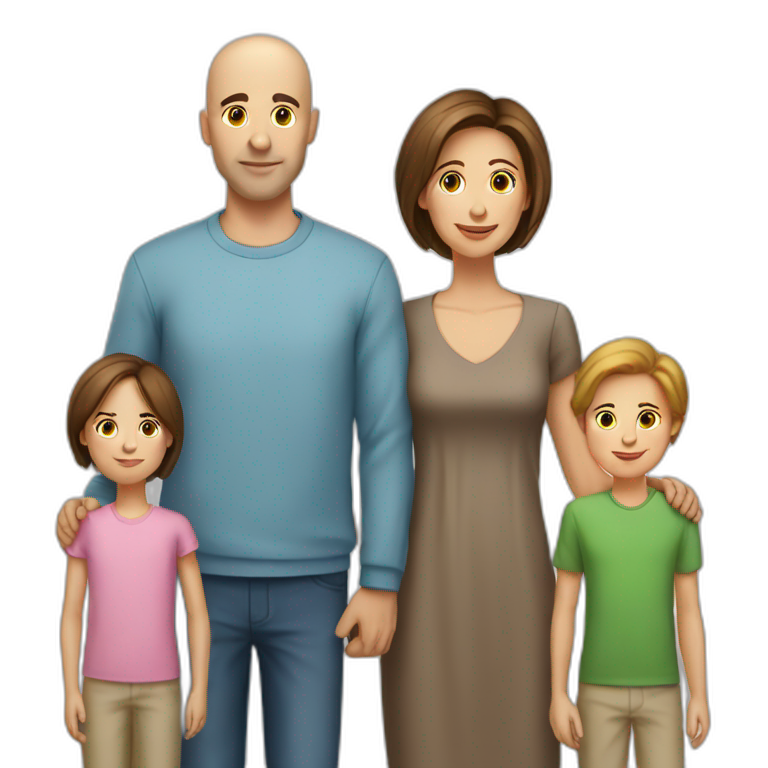 family of 5 persons mother has brown hair father is bald and the kids are tall emoji