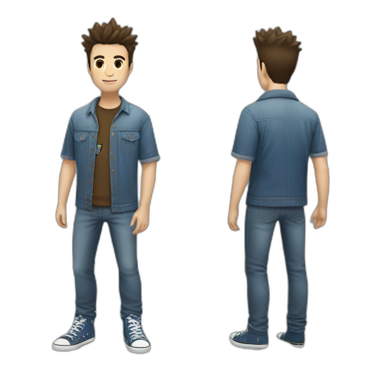white male adult, Dark Brown Spikey Hair, Pokemon T-Shirt, Blue Jeans, Converse shoes emoji