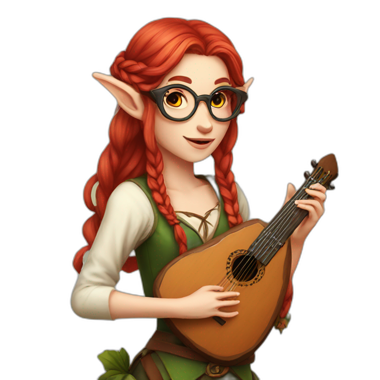 female elf bard red long hair  with braid glases lute emoji