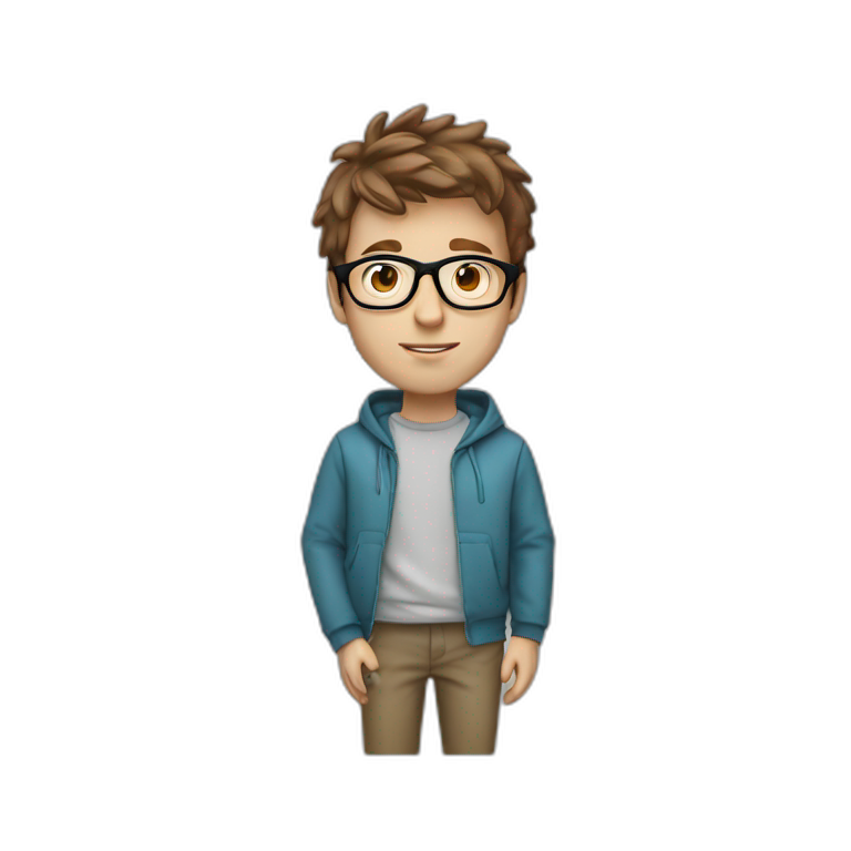 Profile white male heart face messy brown short tapered hair with clear plastic glasses and hoodie emoji