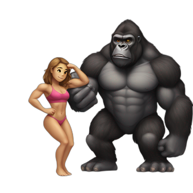 Big buff Gorilla holding a beautiful girl doing squats emoji