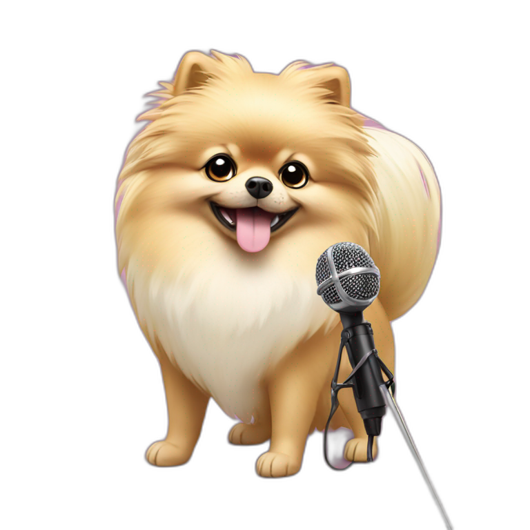 pomeranian in blonde wig with a microphone emoji