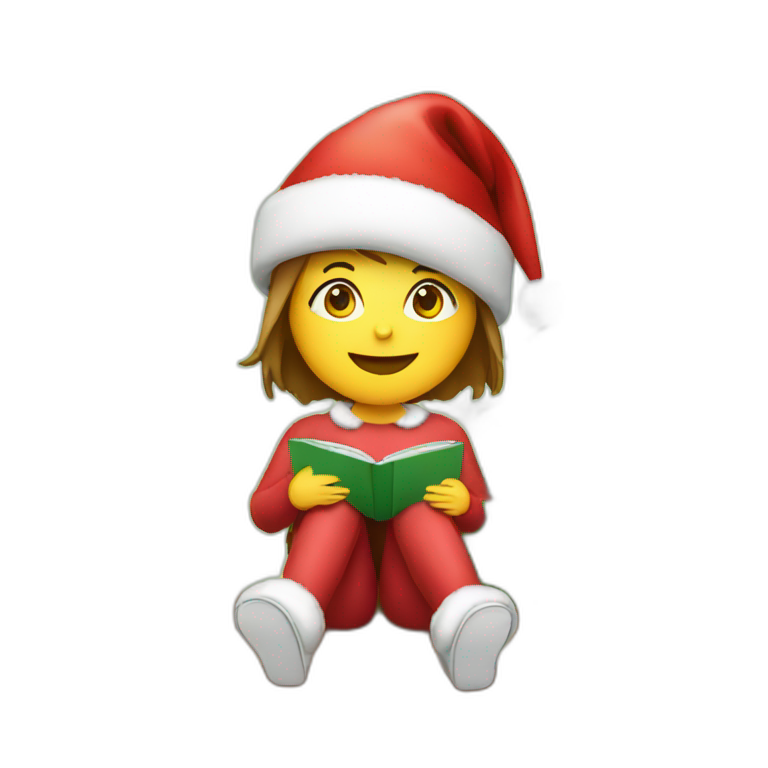 Girl with Christmas hat on sitting beside Christmas tree emoji