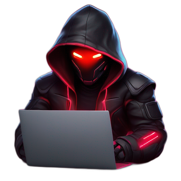 developer behind his laptop with this style : Crytek Crysis Video game neon glowing bright red character red black hooded hacker themed character emoji