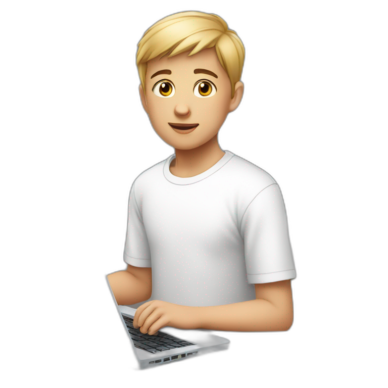 young boy, in a white T-shirt, with short hair, with a laptop emoji