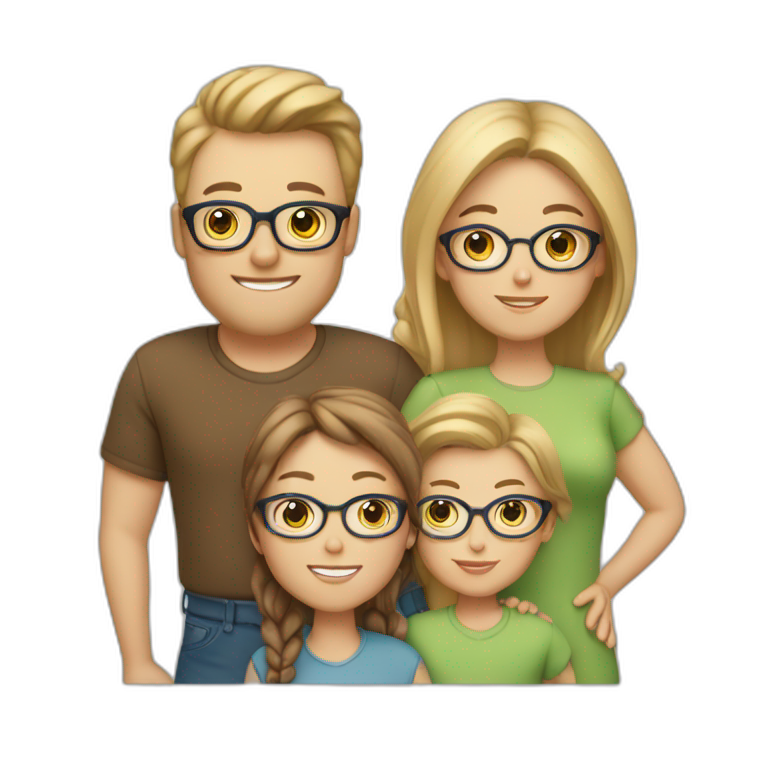 White family of 4, 1 mom with brown hair, 1 big boy with Brown hair, 2 girls with glasses and long blond hair emoji