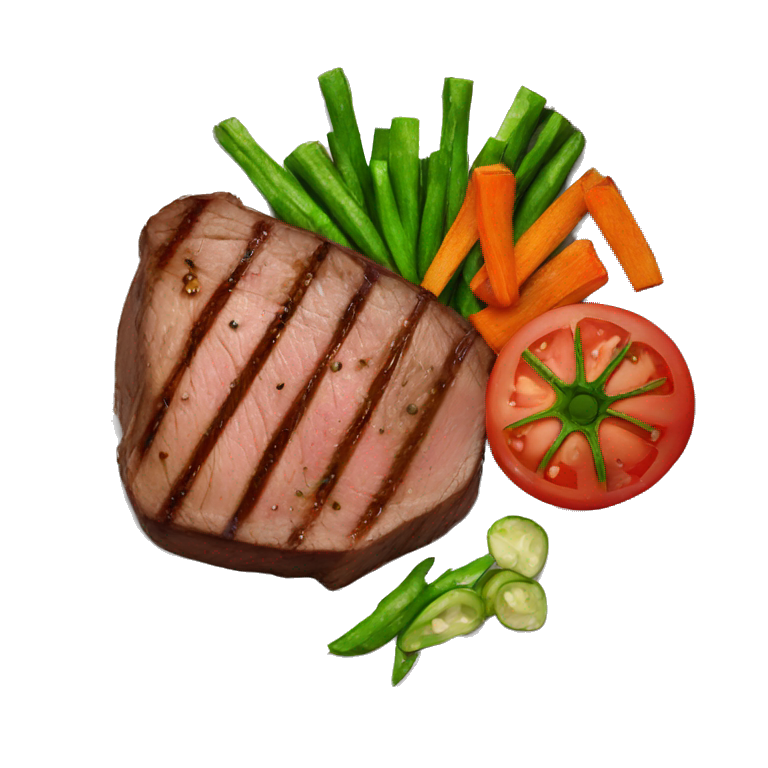 cooked steak and burnt veggies on a plate emoji