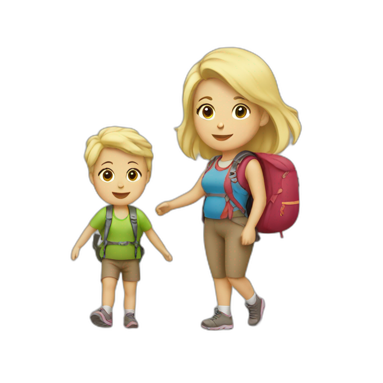 Mom hiking with little baby blond hair emoji