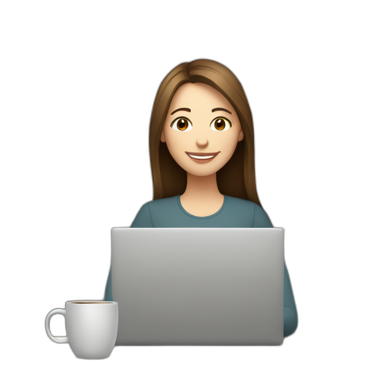 eyes closed smiling woman pale skin middle brown long straight hair holding a closed laptop and a coffee mug emoji
