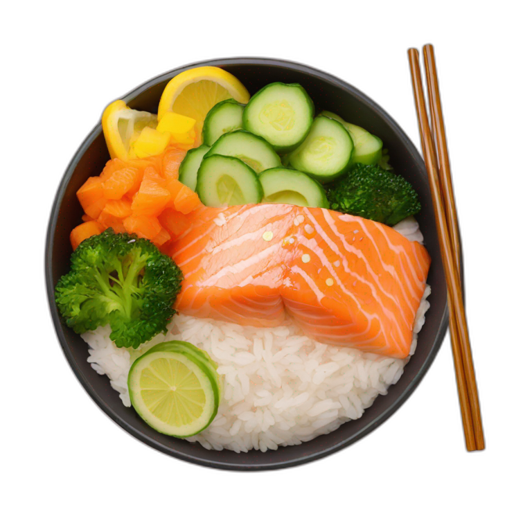 rice salmon pokebowl with veggies and chopsticks emoji