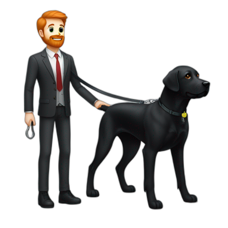 a handsome, slender man in a  sporting a red beard, standing next to a black Labrador dog, holding it on a leash emoji