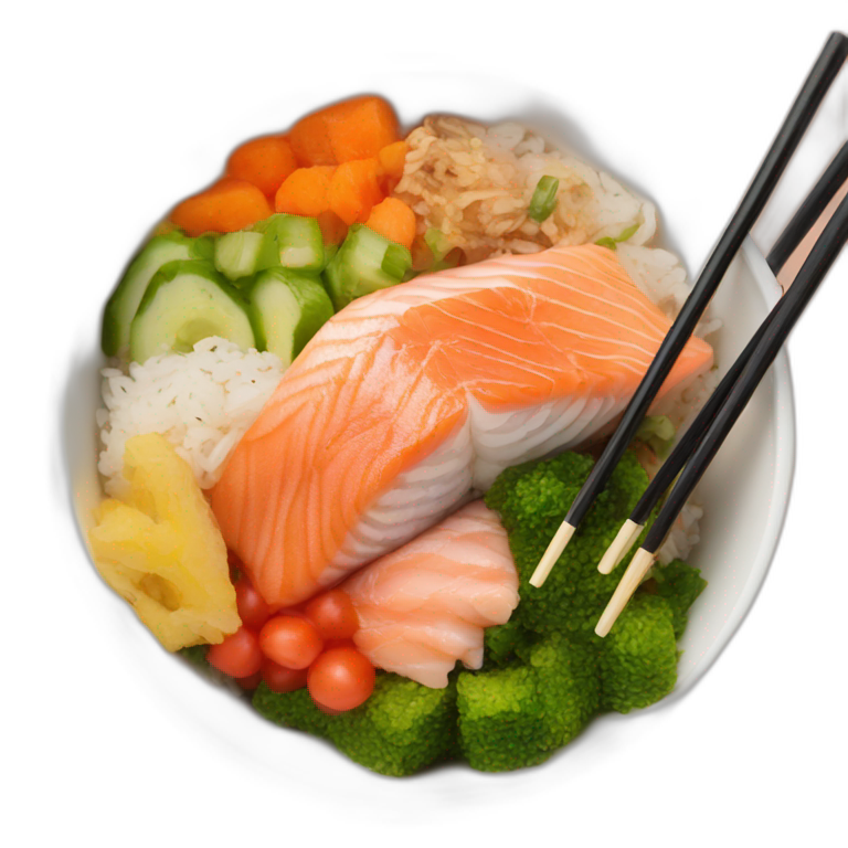 rice salmon pokebowl with veggies and chopsticks emoji