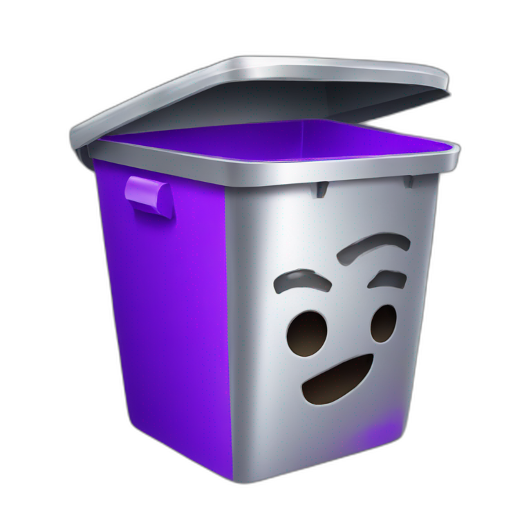 a silver trash bin with a smiley face with purple brain instead of lid emoji