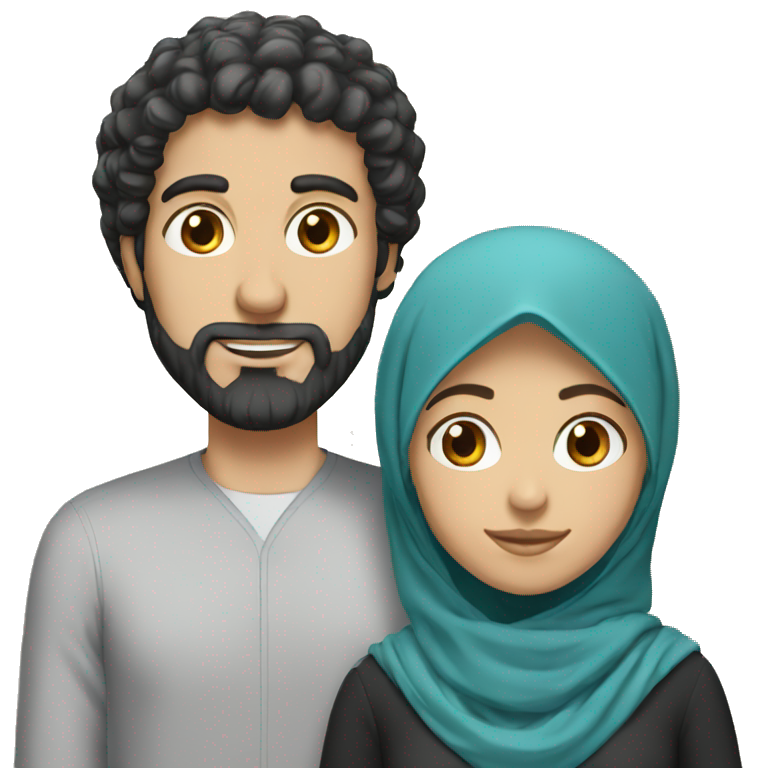 White man with curly black hairs with her wife wear a hijab  emoji