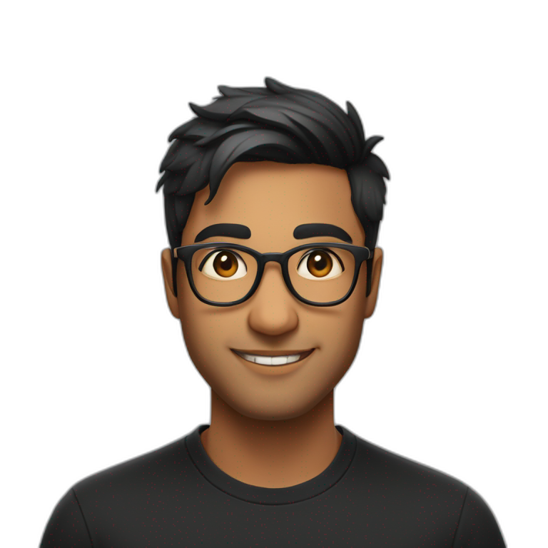 25 year old indian creator economy startup founder smiling wearing glasses in a black tshirt with broad shoulders profile photo emoji