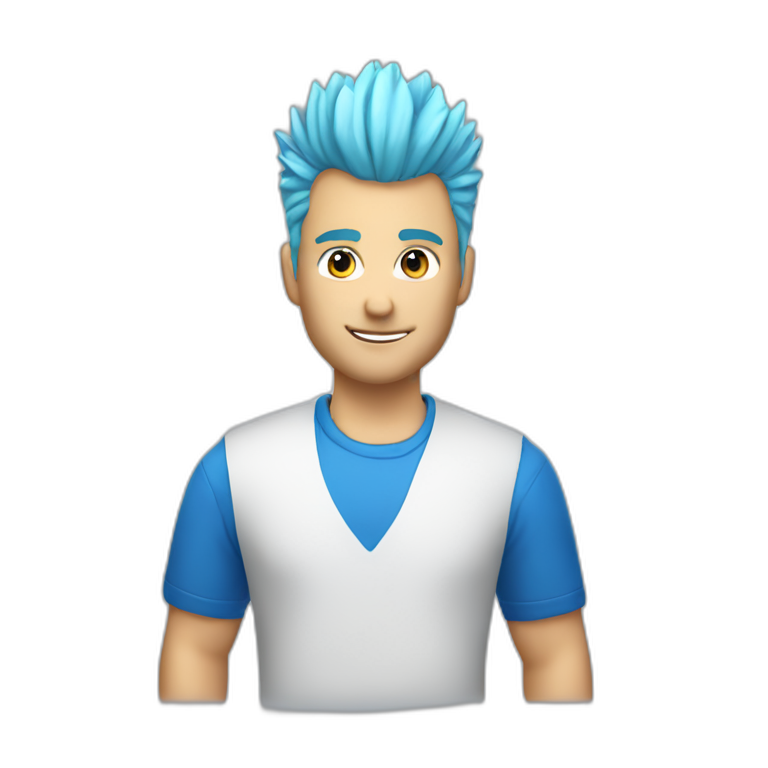 Blonde haired male wearing blue Apple shirt with faux hawk hair working in QA emoji