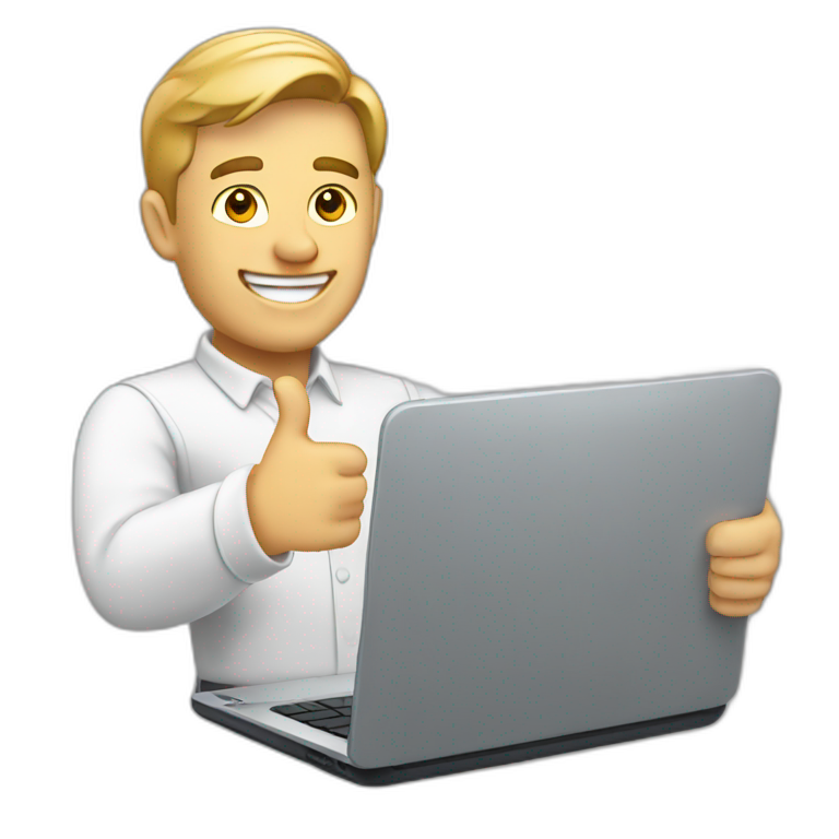 white man holding laptop thumbs up emoji