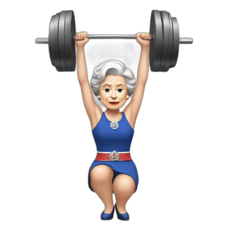 Determined Queen Elizabeth II lifting heavy barbell above her head emoji