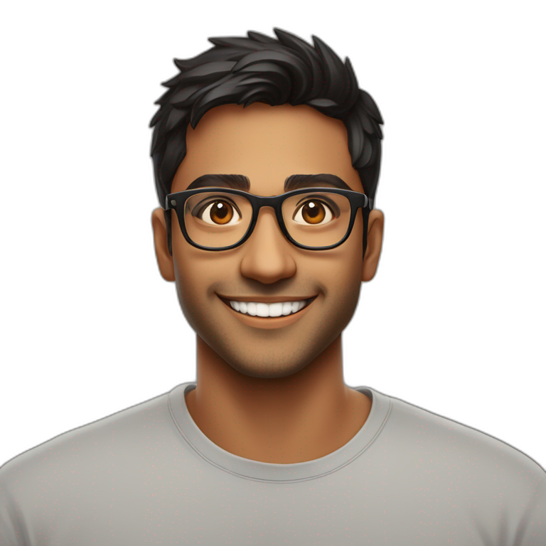 25 year old indian silicon valley creator economy startup founder smiling wearing glasses in a black tshirt with broad shoulders profile photo wearing keyhole bridge glasses face only emoji