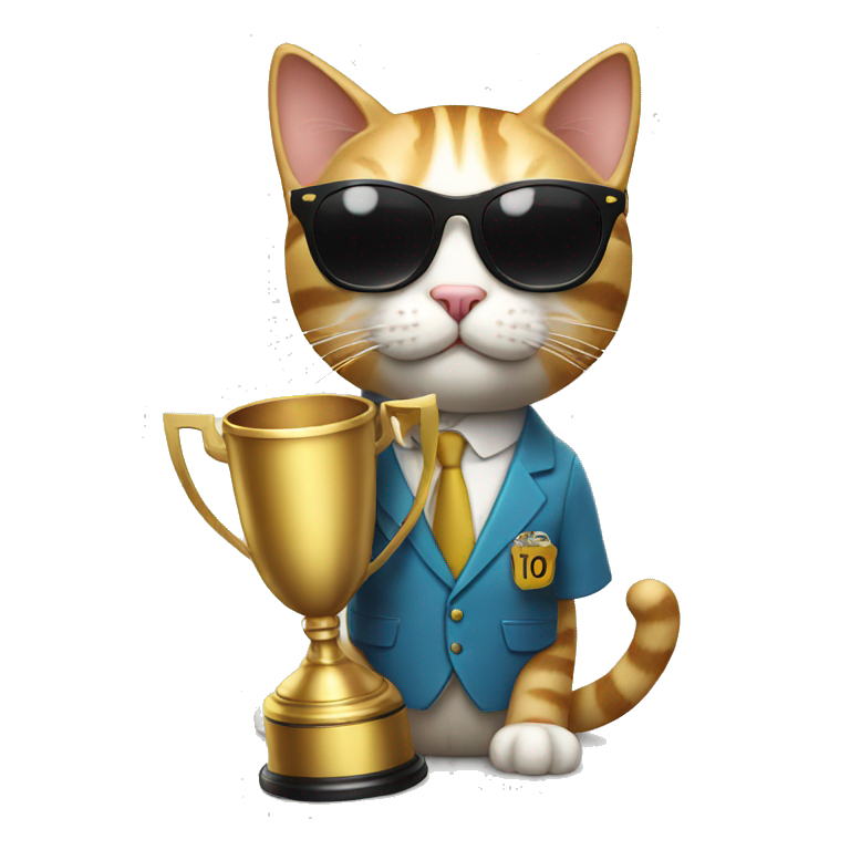 cat wearing sunglasses holding up a number ten trophy emoji