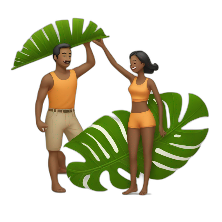 a man is laying and a woman is fanning him with palm leaf emoji