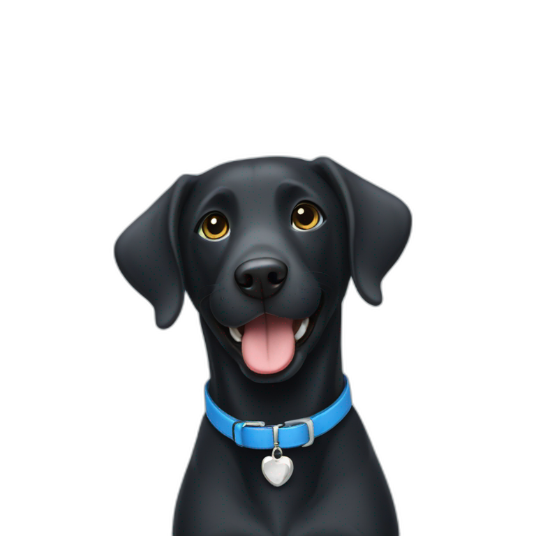 Happy Black Labrador wearing a blue collar with a bone shaped name tag emoji