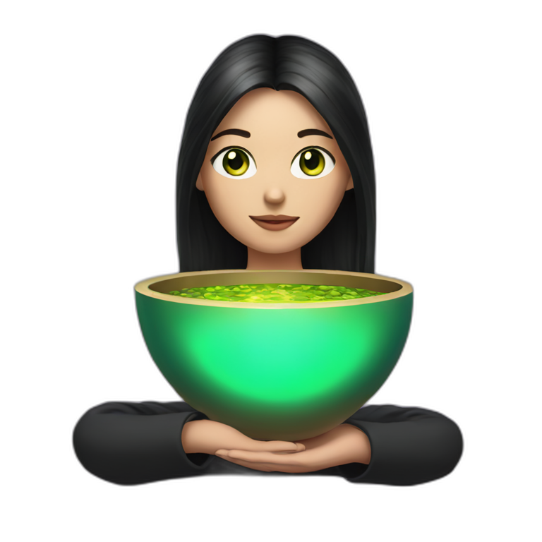 sound bowl healer woman with long dark hair and green eyes emoji