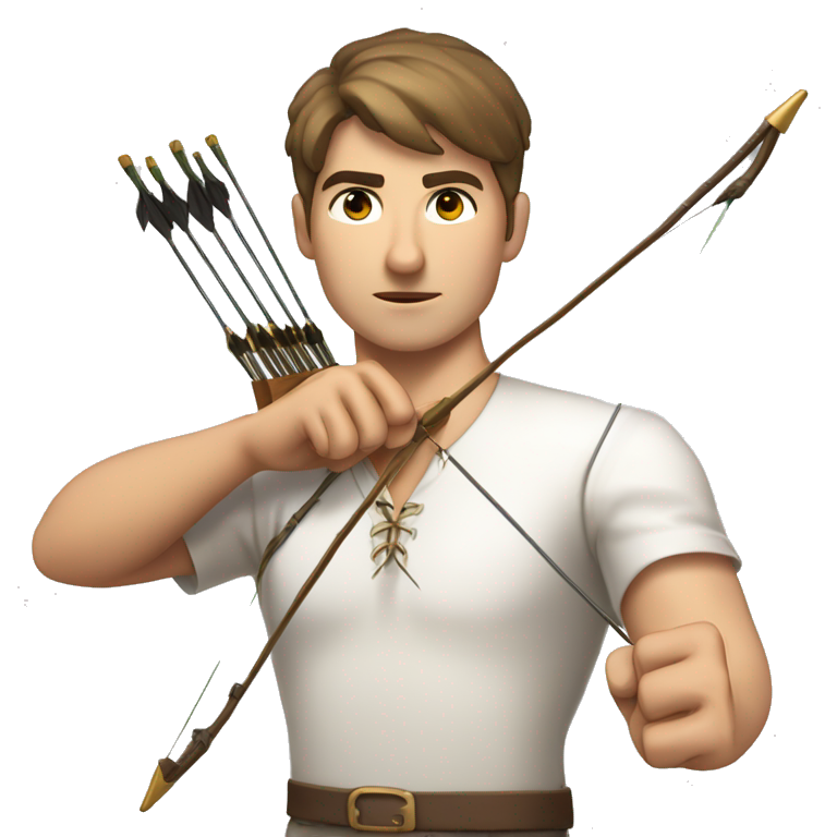 a male archer aiming with a bow facing his target eyes closed wearing a white shirt very short brown hair bright skin only show upper part of the body from waist up