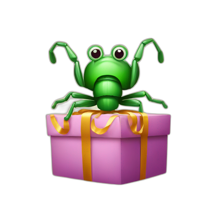 a bug with a christmas gift on his hands emoji