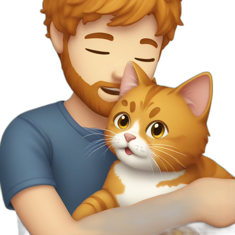 Boy with brown hair and beard playing with ginger cat emoji