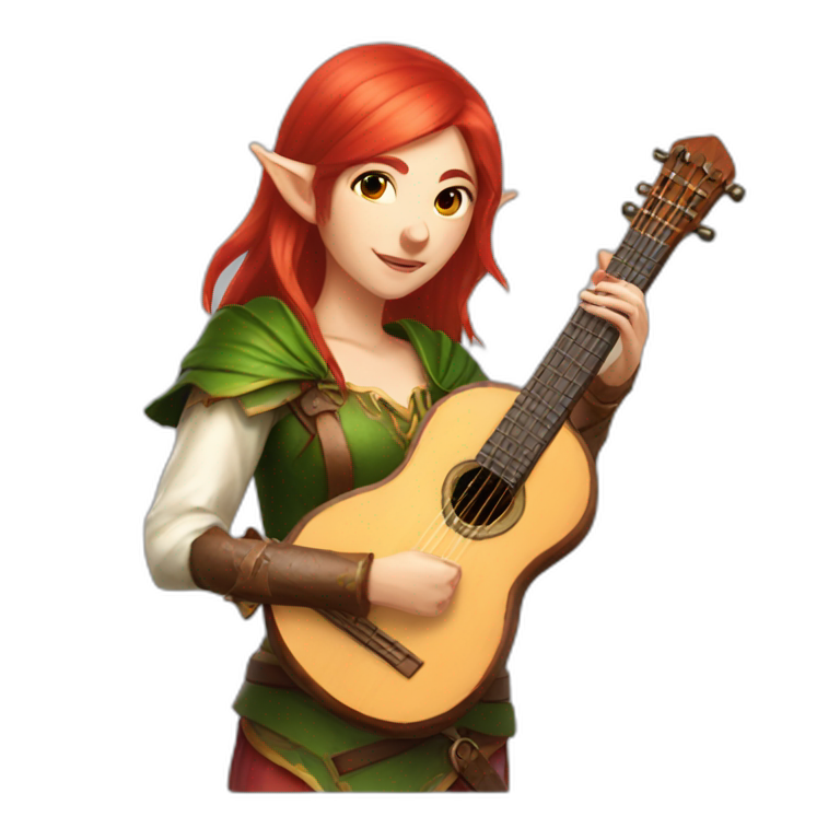 Baldurs gate 3 portrait of female elf bard with red hair playing a lute emoji