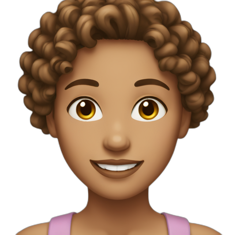 woman face, brown 2c curly medium length hair, light brown eyes, light skin, smiling emoji