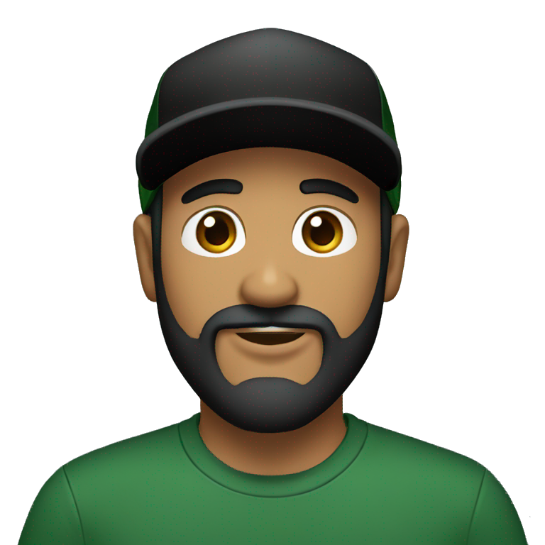 brown man with a dark beard, dark eyes, dark green t-shirt and a BLACK BLACK cap emoji