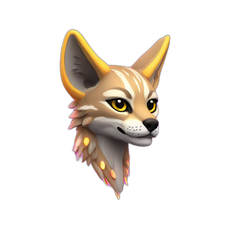 Coyote ocelot with grey and black fur and phoenix wings on back and pink ears half skeleton, neon lights emoji