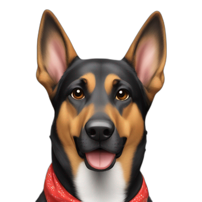 coonhound and German shepherd mix dog wearing red bandana and walking emoji
