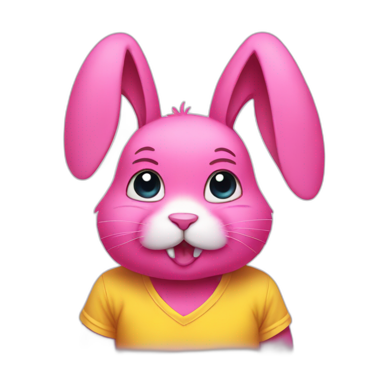 Pink rabbit with tears, wears yellow teeshirt emoji