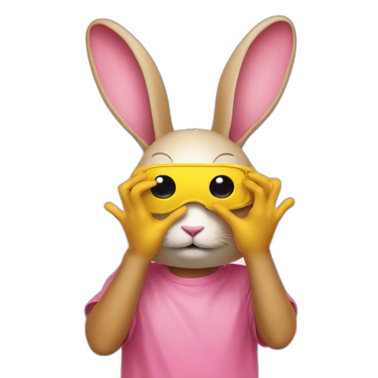 rabbit pink hands over eyes, wears teeshirt yellow emoji
