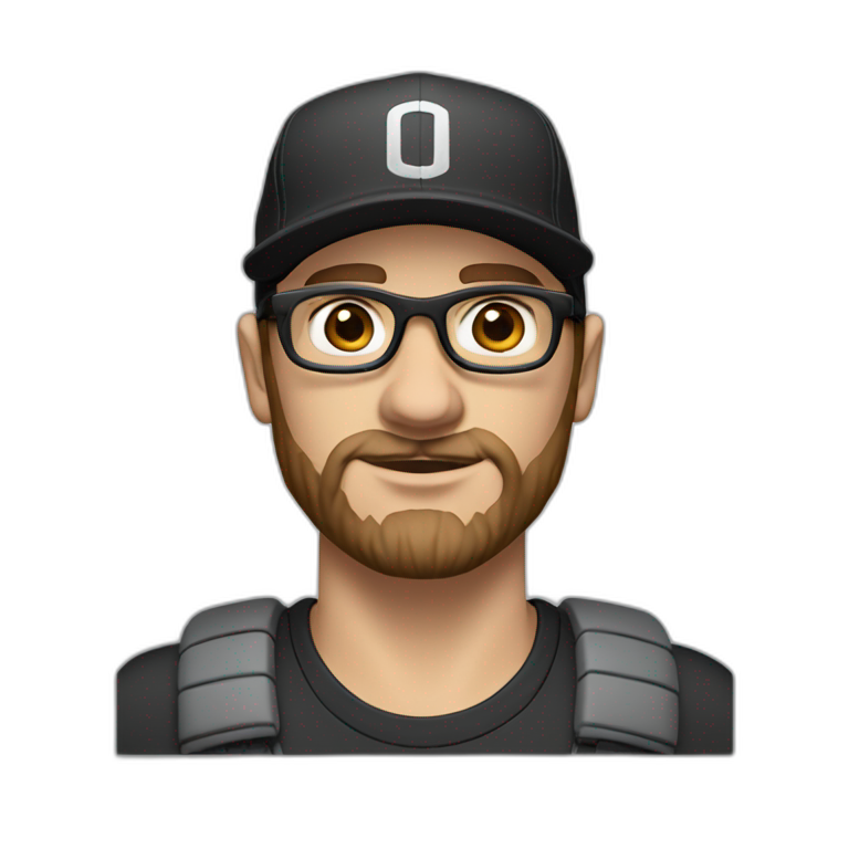 White man with brown hair and a brown beard, has thick eyebrows is wearing black sight glasses. Big nose. Half closed brown eyes. Wearing a Nike cap emoji