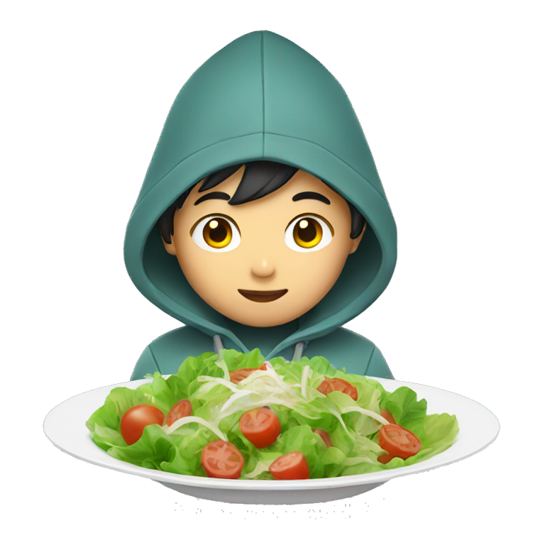 asian boy in hoodie eating salad  emoji