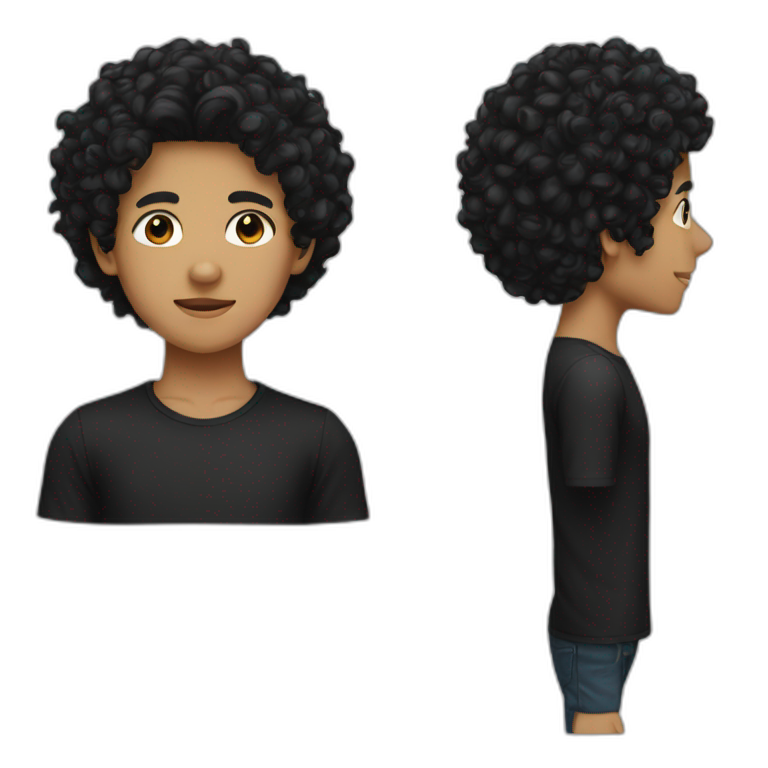 a boy with a black curly hair weaering a mask and wearing a black shirt emoji