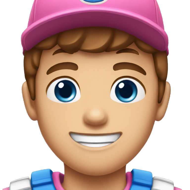 A boy with brown hair and a pink baseball cap and blue eyes and buck teeth emoji