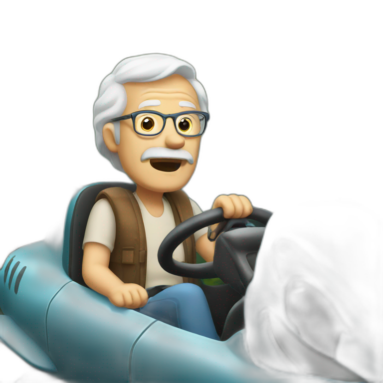 Old man driving shark in forest emoji