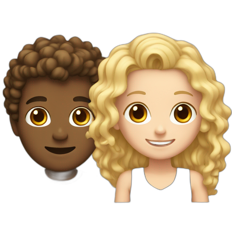 Couple, brown skin guy curly hair with a white girl blonde with teeth braces emoji