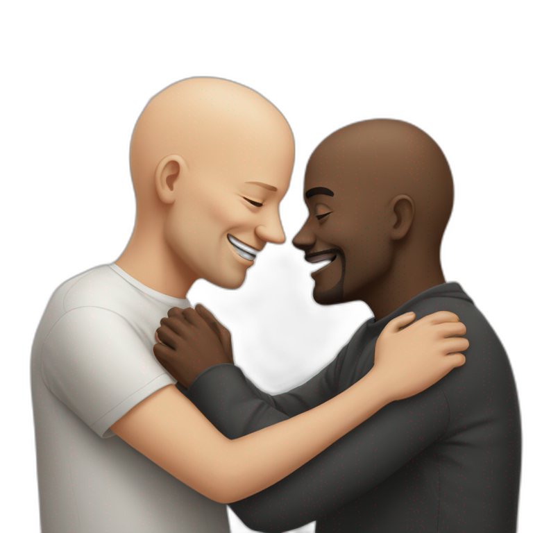 50 years old bald white guy hugs and kisses a 50 years old black bald guy emoji