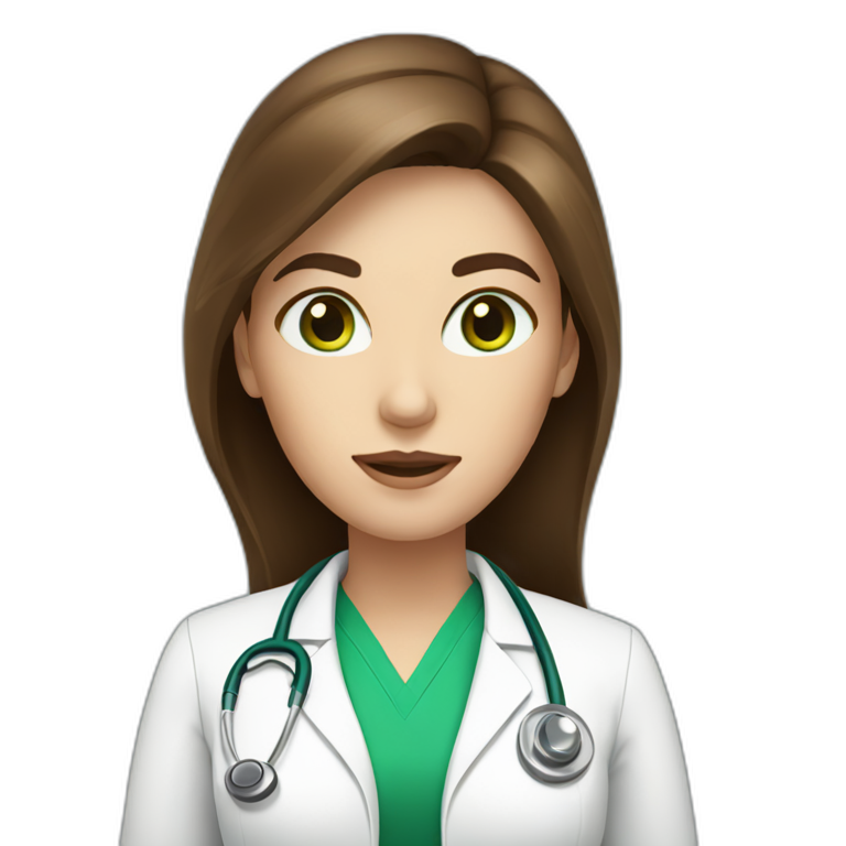 Doctor woman with long brown hair, white skin and green eyes emoji