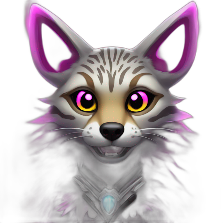 Coyote ocelot with grey and black fur and phoenix wings and pink ears half skeleton, neon lights emoji