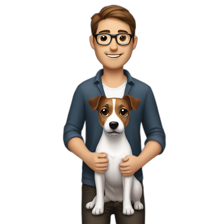 Man with modern cut brown hair with glasses with jack russell terrier dog emoji