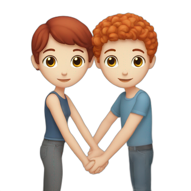 Blue eyed brunette short haired boy and red haired girl holding hands emoji